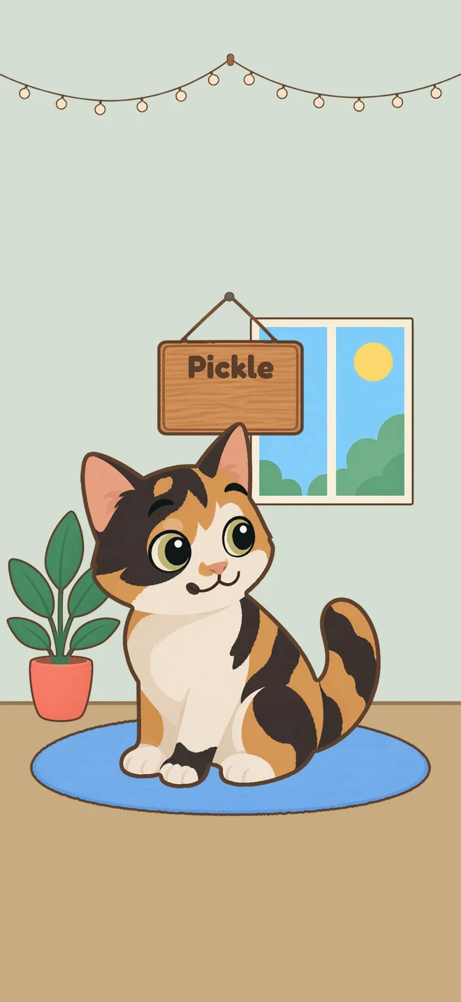 Pickle as a character, sitting on a rug under a sign with her name
