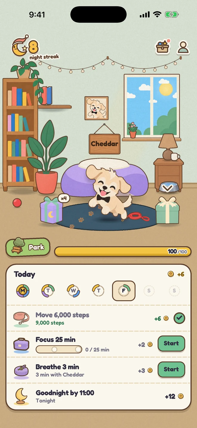 Loaf on iPhone: Cheddar the puppy in his room, over the Today card