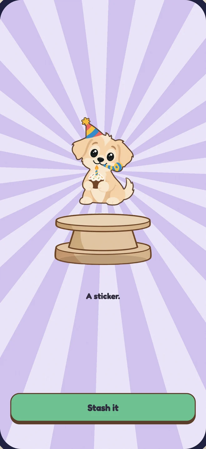 A gift opening: Cheddar in a party hat on a wooden stand