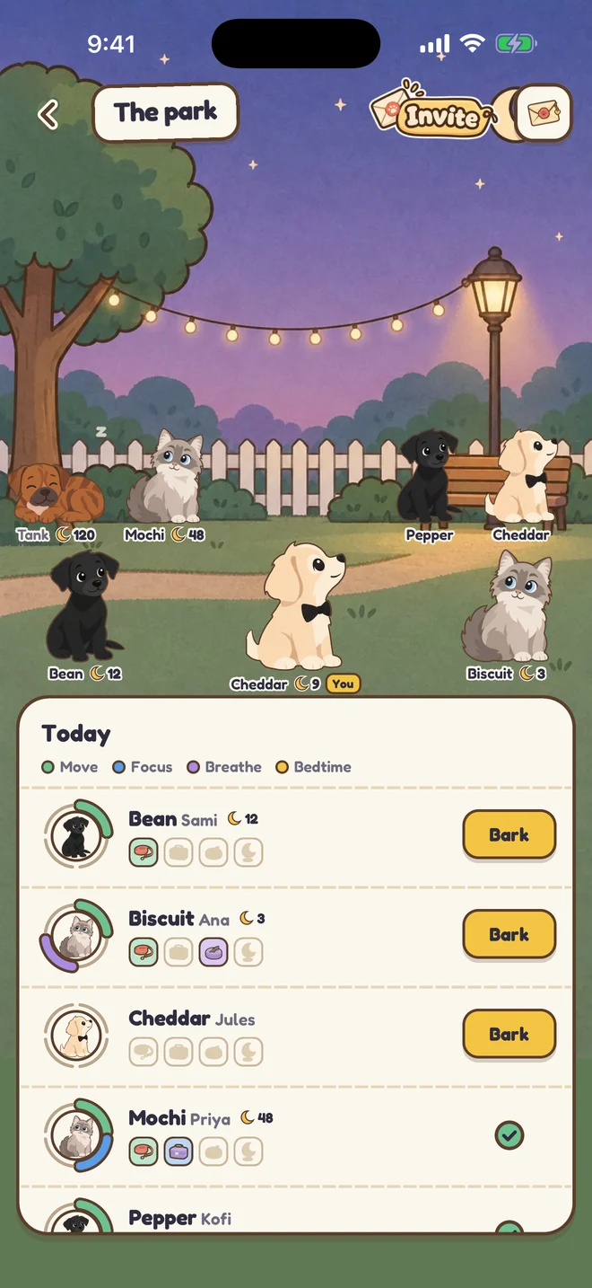 The park with friends’ pets, over a list of their habits today